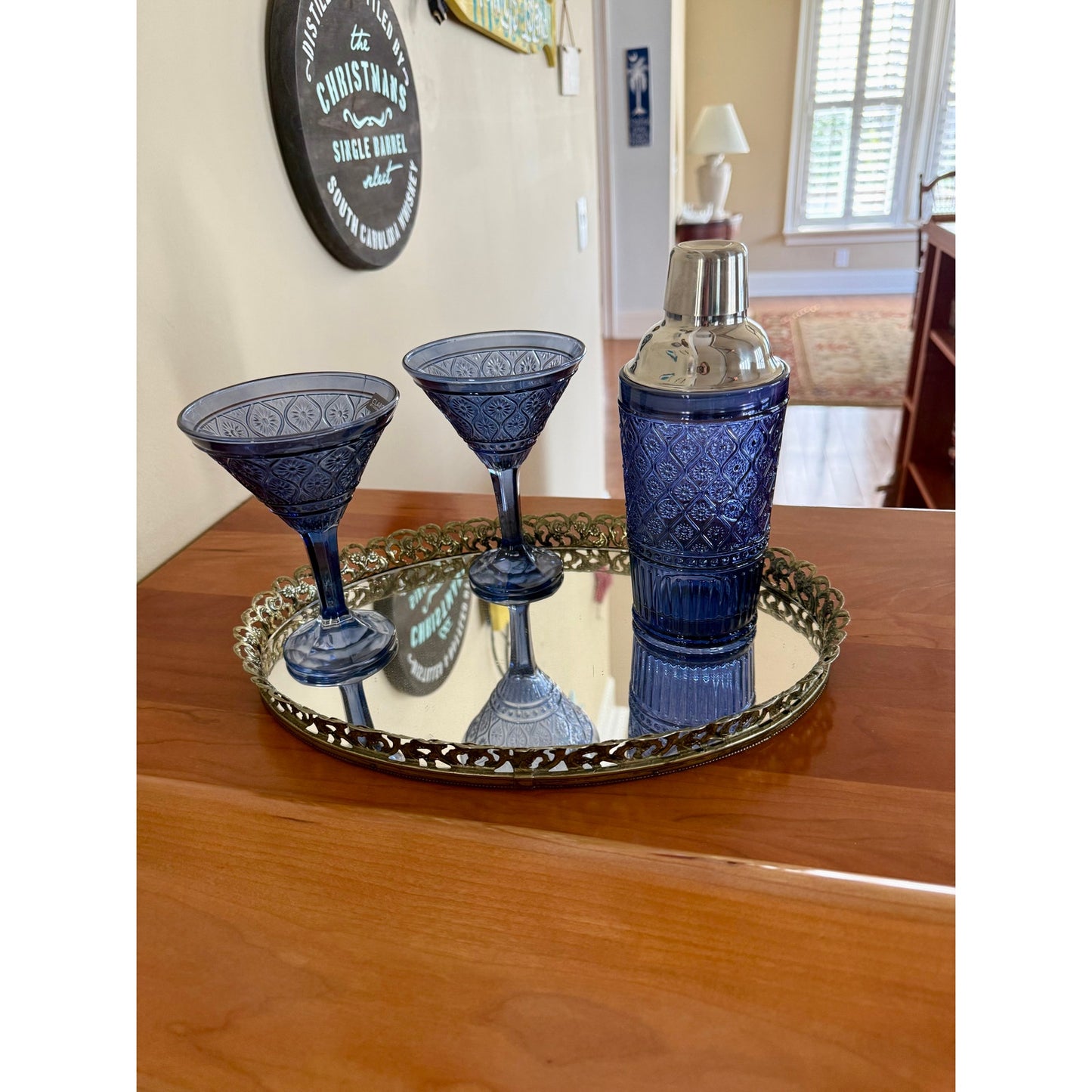Vintage inspired blue hand made glassware, diswasher safe  with gold mirror tray