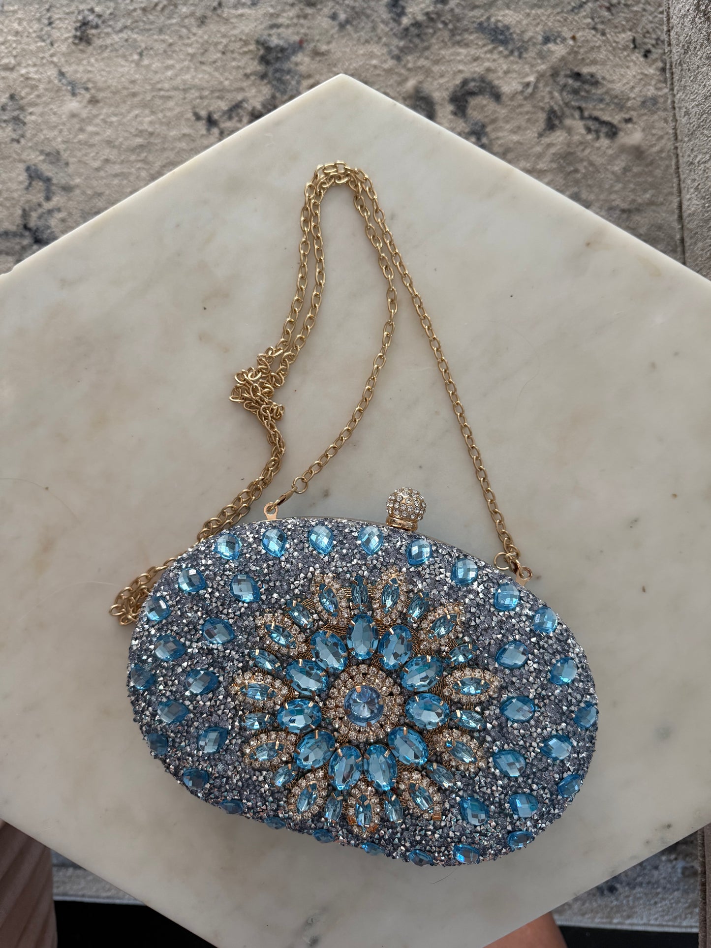 Vintage light blue beaded and rhinestoned evening bag