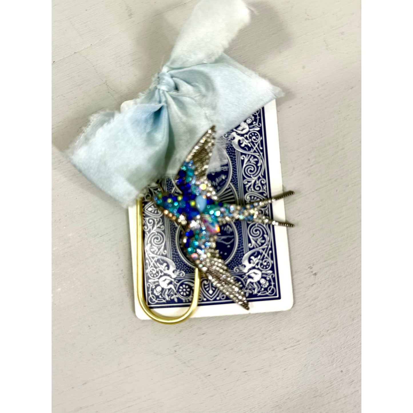 Vintage  Bumble Blue Bird Pin and  ribbon playing Card Bookmark set