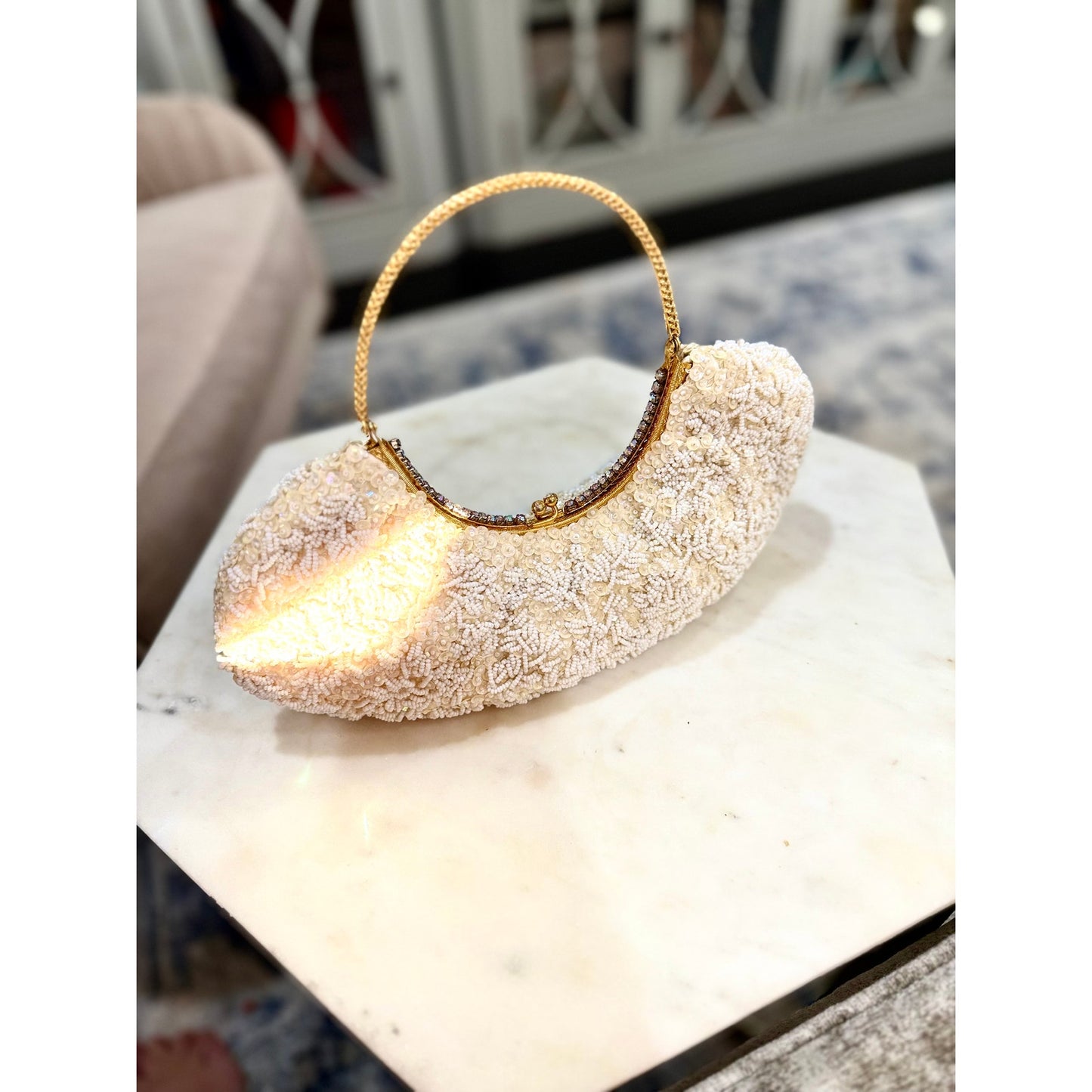 Vintage cream and white beaded and rhinestoned evening bag with gorgeous gold handle