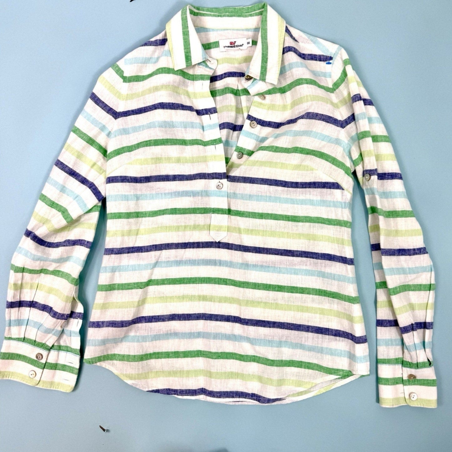 Vineyard Vines Bungalow Stripe Popover Shirt Women 0 NWT Long Sleeve LinenCotton