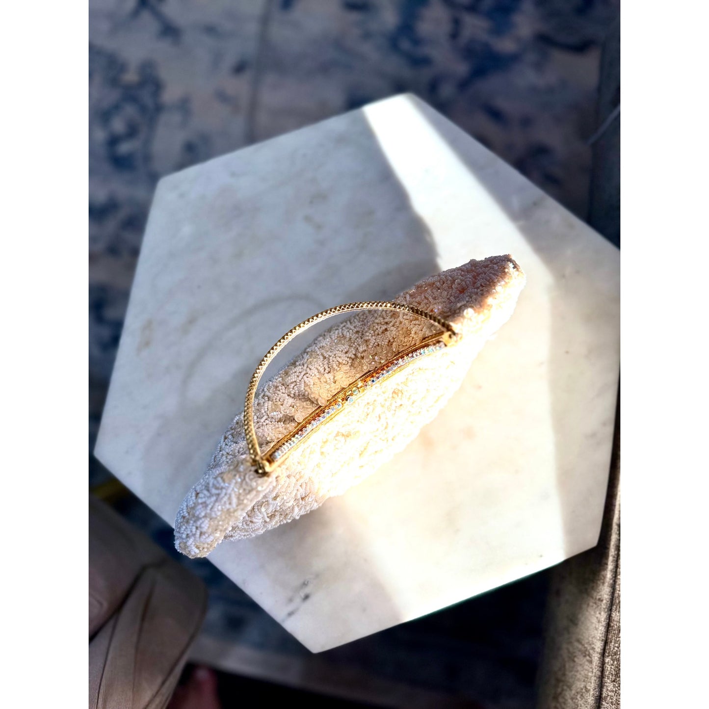 Vintage cream and white beaded and rhinestoned evening bag with gorgeous gold handle