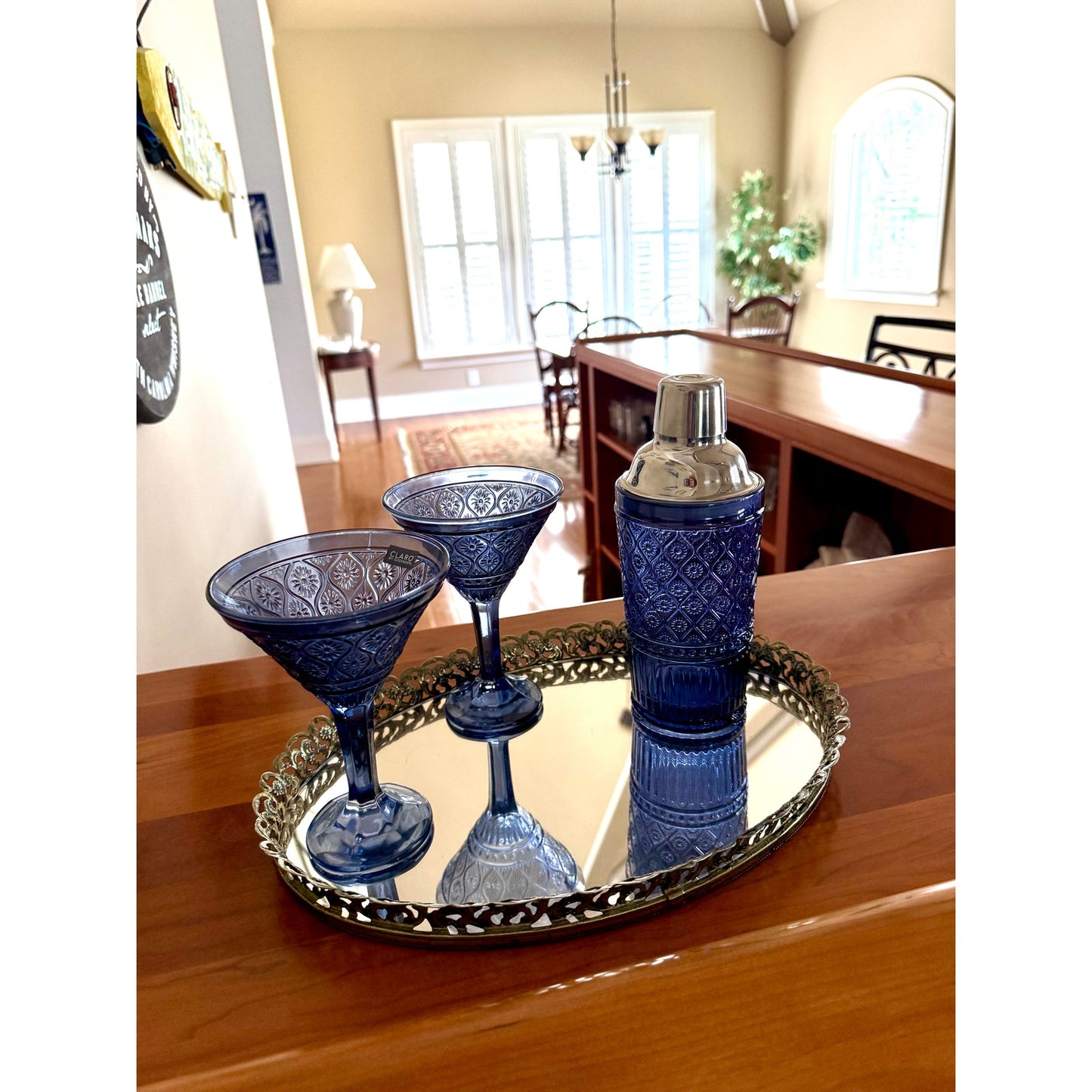 Vintage inspired blue hand made glassware, diswasher safe  with gold mirror tray