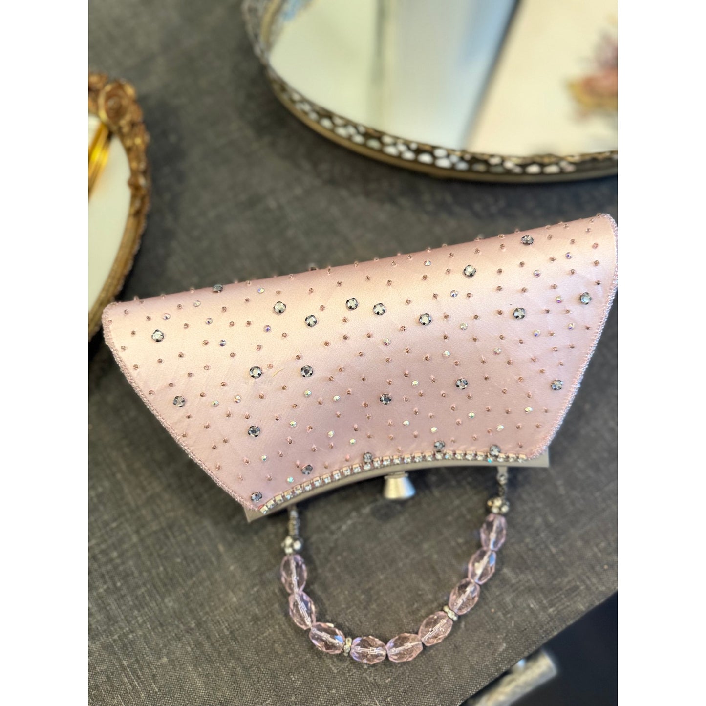 Vintage pink satin beaded and rhinestoned evening bag