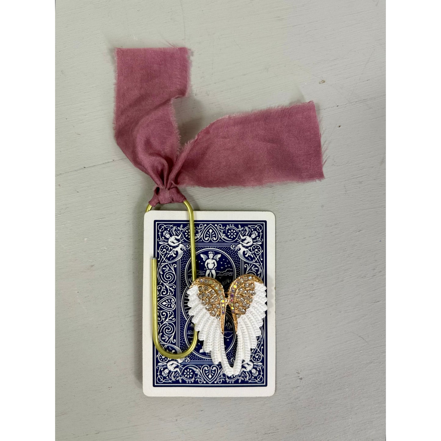Vintage  Angel Wing Pin and  ribbon playing Card Bookmark set