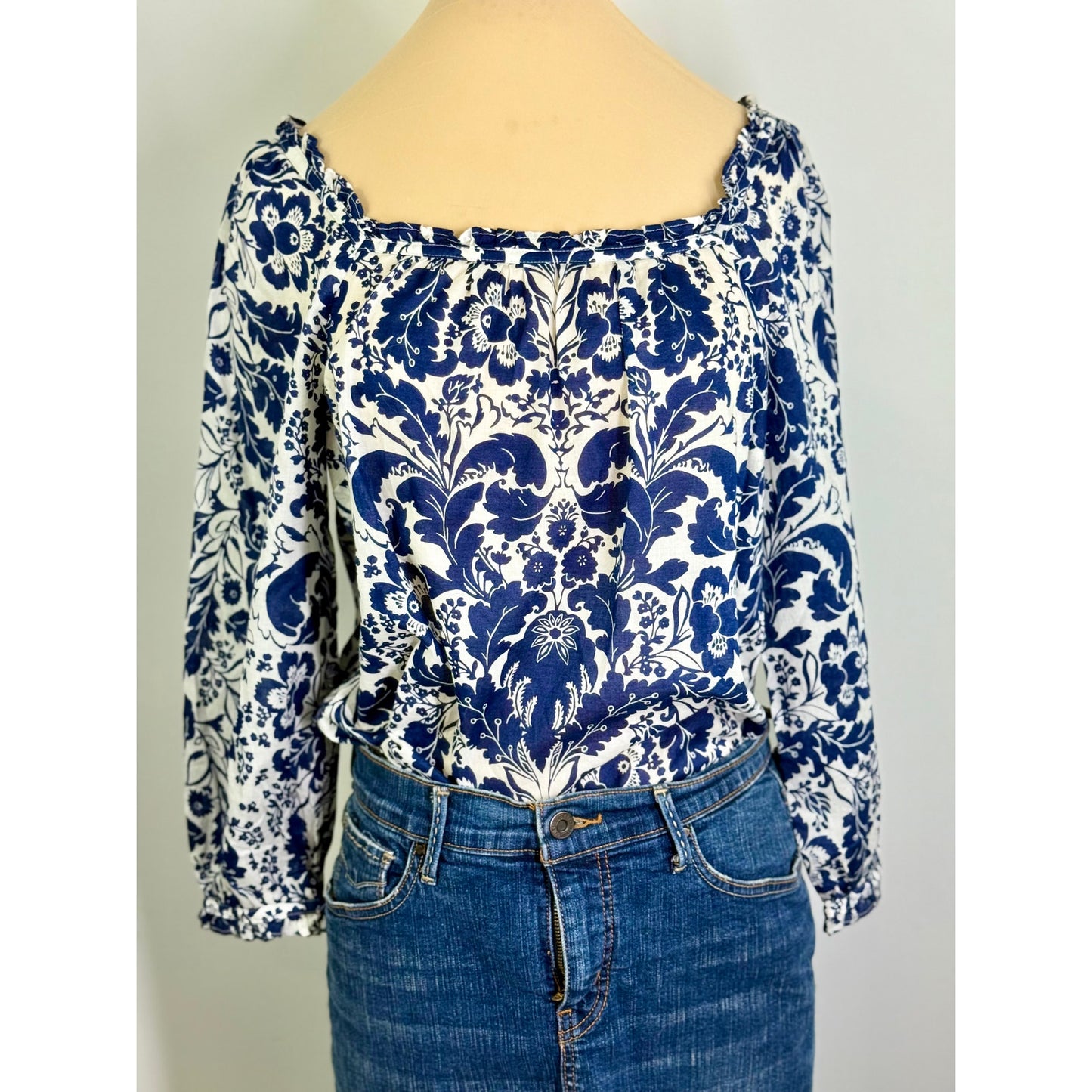 Vintage Talbots women's printed cotton lawn blue damask peasant shirt,  size M