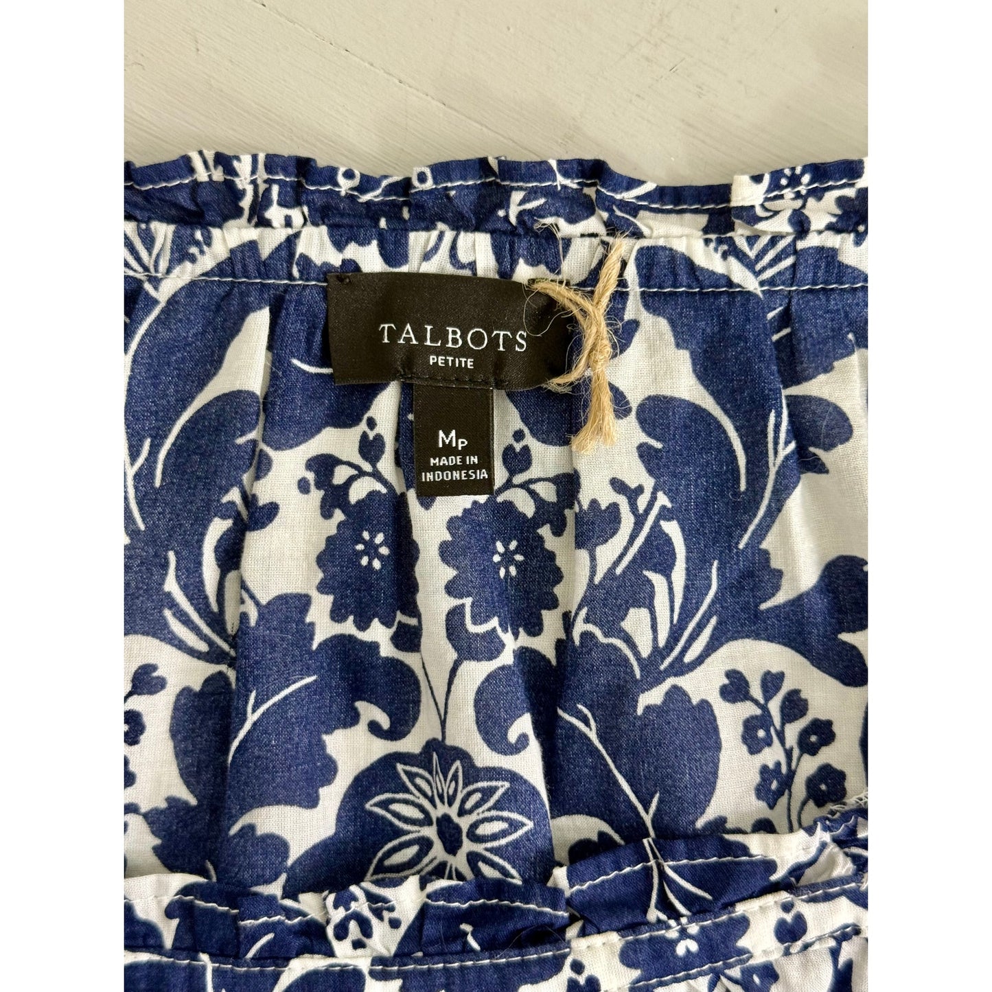 Vintage Talbots women's printed cotton lawn blue damask peasant shirt,  size M