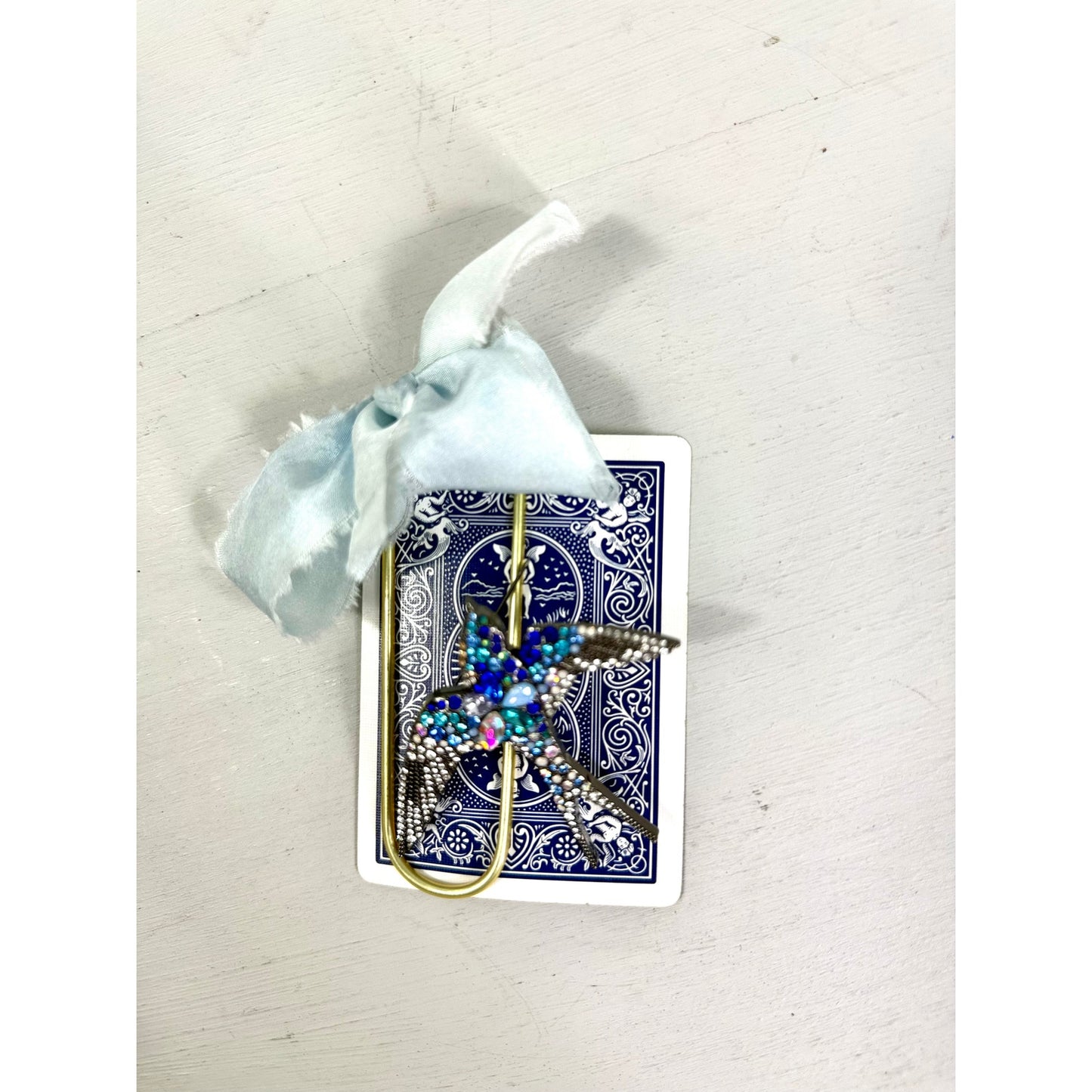 Vintage  Bumble Blue Bird Pin and  ribbon playing Card Bookmark set