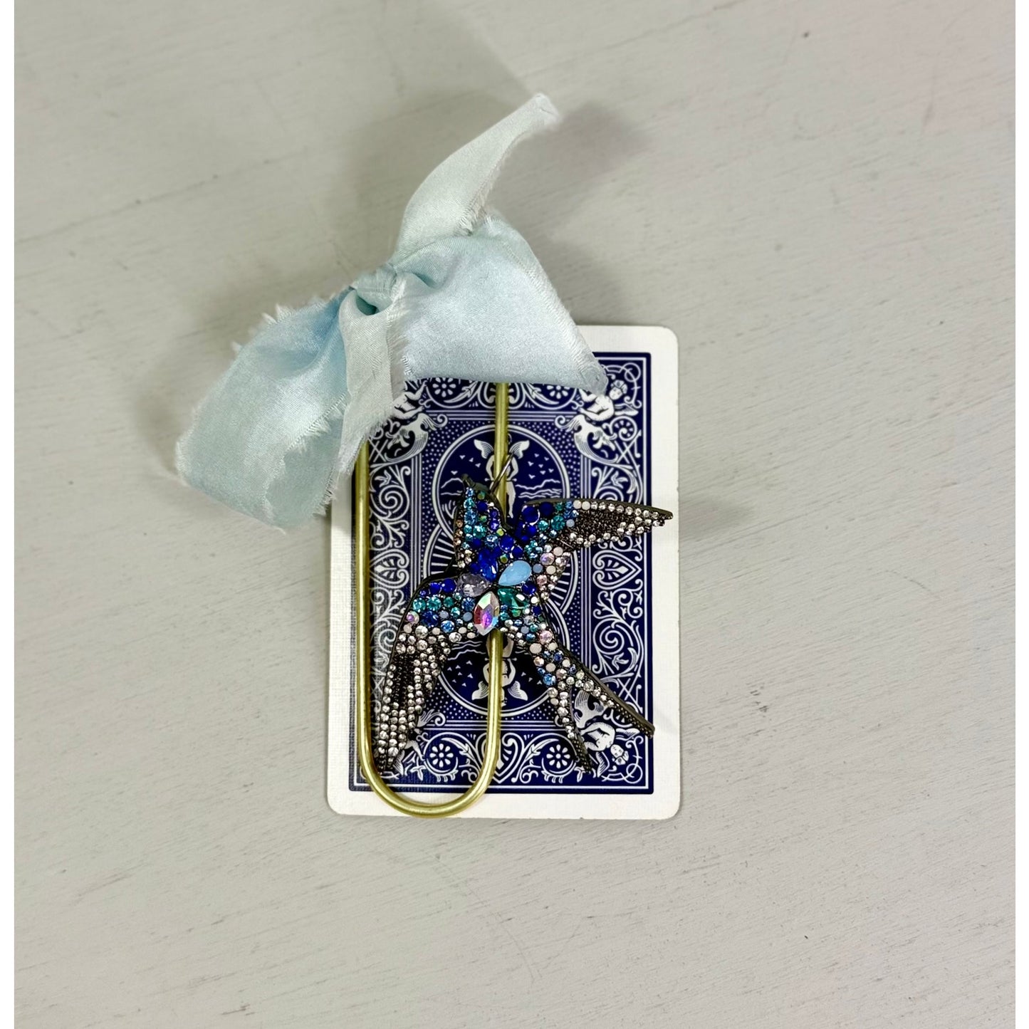Vintage  Bumble Blue Bird Pin and  ribbon playing Card Bookmark set