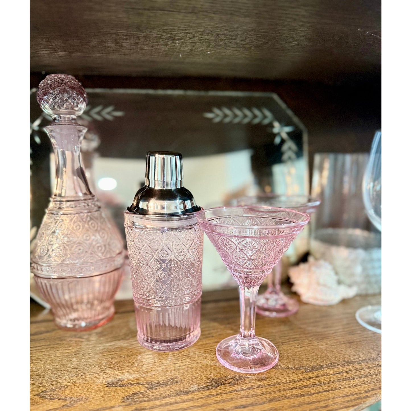 Vintage inspired pink hand made glassware, diswasher safe
