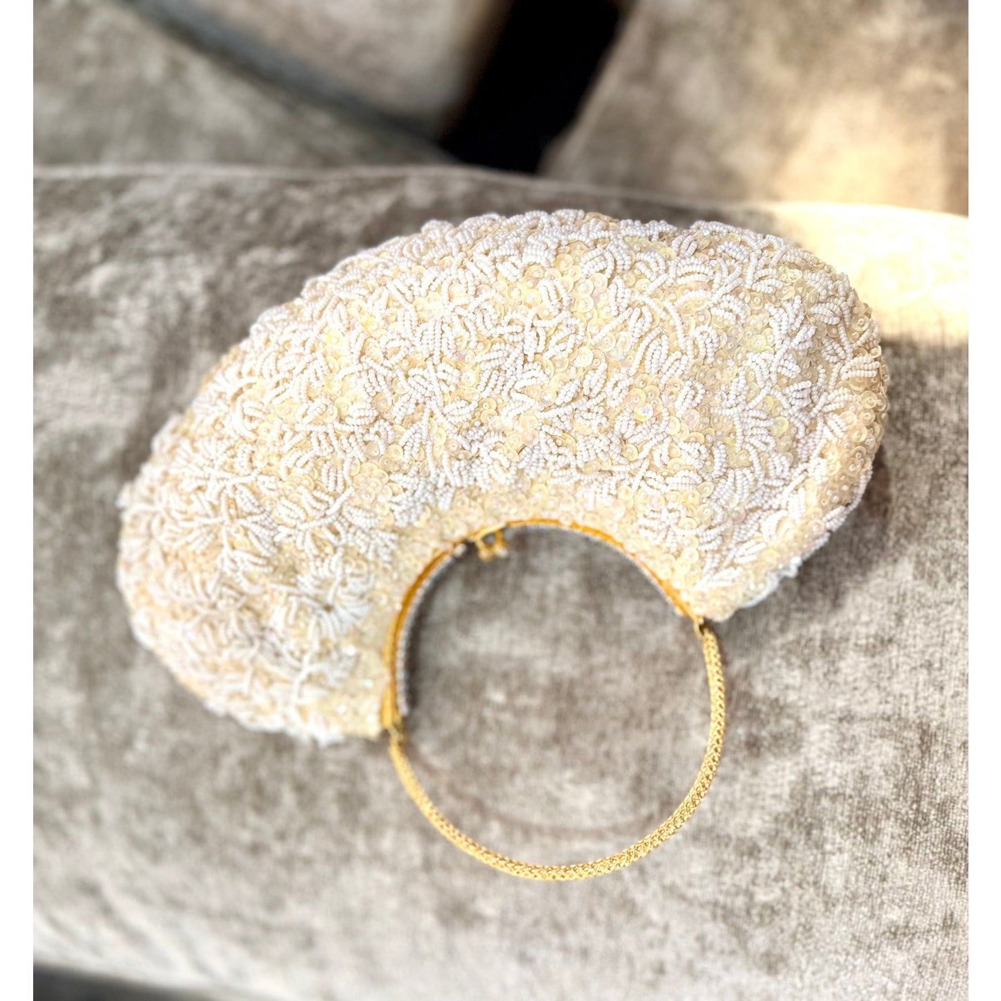 Vintage cream and white beaded and rhinestoned evening bag with gorgeous gold handle