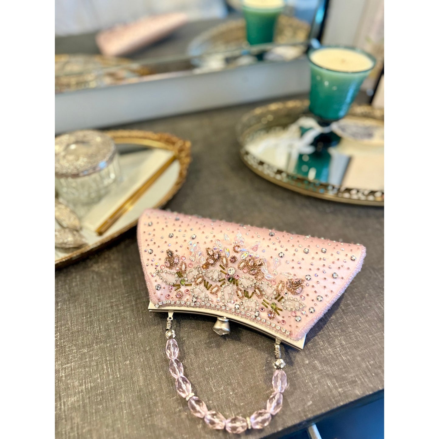 Vintage pink satin beaded and rhinestoned evening bag